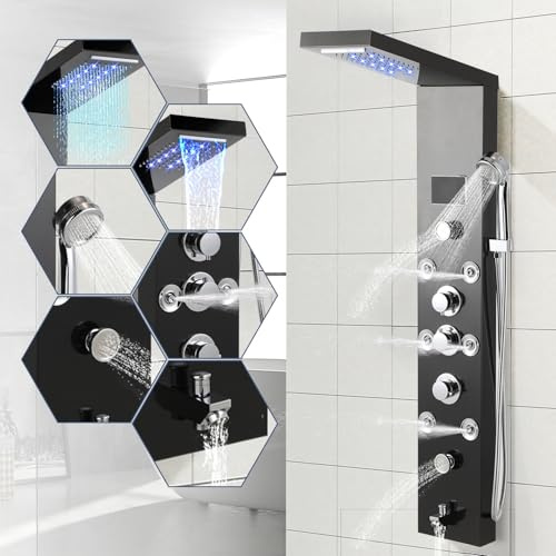 Vkechh Pannello doccia con rubinetto, 6 funzioni, pannello doccia in acciaio inox con indicatore di temperatura a LED, pioggia e cascata, doccetta a mano, ugelli massaggianti e colonna doccia