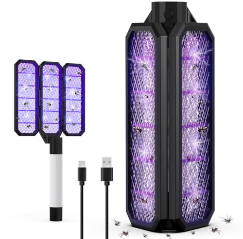 Insektenvernichter, Klappbare Elektrische Fliegenklatsche mit UV-Licht, 3000V, 4000mAh, Tri-Fold Mückenlampe, Fliegenfalle Elektrisch Mückenfalle für Innen Außen, Fliegen, Motten