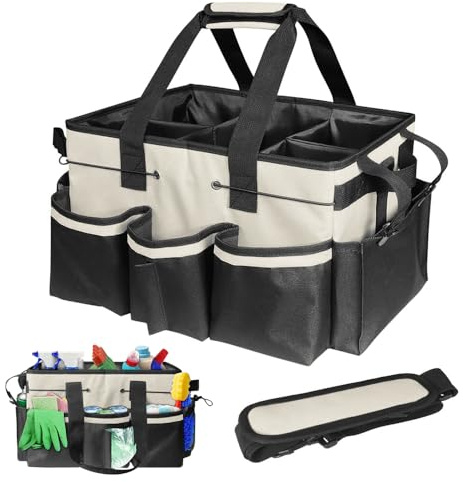 Hojalis Cleaning Caddy Bag with Handle, Foldable Large Cleaning Tote Bag Multi-Compartment with Detachable Divider, CleaningProducts Organiser, Adjustable CleaningProducts Caddy, for Home, Garden