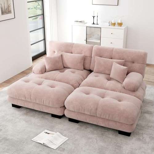 Yihomfy Canapé d'angle Moderne de 220 cm, Grand canapé Convertible 2 Places avec 2 poufs, canapé modulable Cloud avec Structure en Bois Massif, canapé-lit en Tissu Chenille pour Salon, Rose