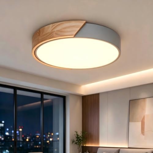 Kambo LED Deckenleuchte Holzoptik 24W ∅30cm Grau 3000K | Moderne Deckenlampe für Wohnzimmer, Schlafzimmer, Küche, Flur, Balkon