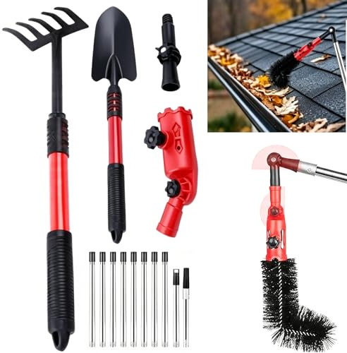BRGD 4m Teleskop Dachrinnenreiniger Kit mit 11pcs ausziehbaren Stangen, 2pcs 180° Schwenkbarem Kopf, Rechen, Schaufel und Dachrinnenbürste zum Entfernen von Blättern