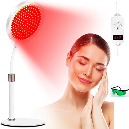 Rotlichtlampe mit Sockel, 15/30/45 Minuten Timer, 100LED Red Lights mit, Einstellbarer Winkel/Helligkeit, 3-in-1 Chip & Schwanenhals-Design Rotlicht für Den Heimgebrauch ([Energieklasse A] ) Weiß