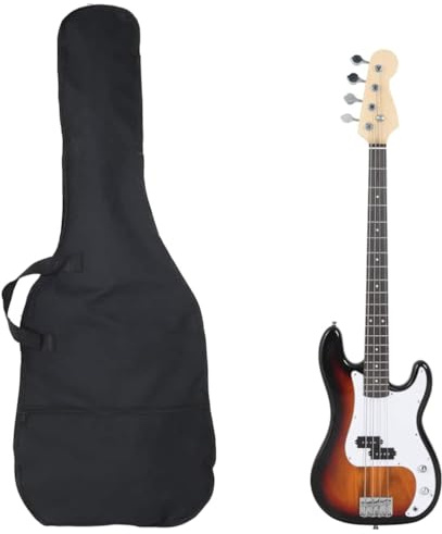 QUAHEAS Basso elettrico per principianti 4/4 46 con custodia, accordatore, cavo audio e plettro, set di plettri, in legno di betulla, marrone e bianco, tracolla, tastiera per lezione musicale