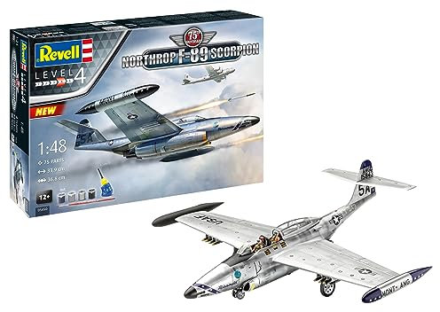 Revell Northrop F-89 Scorpion 05650 Kit de maquette en plastique non construit à l'échelle 1/48 avec colle professionnelle Contacta, pinceau et peintures Aqua Color sélectionnées 05650