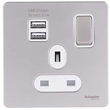 Schneider Electric Ultimate Screwless Flat Plate - Switched Single Power Socket with USB Charging Ports, Double Pole, 13A, GGBGU34102USBAWPN, Pearl Nickel with White Insert