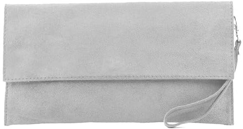 modamoda de T151 Damen Wildleder Rauleder Clutch Umhängetasche Abendtasche handmade in Italy, Farbe:Hellgrau