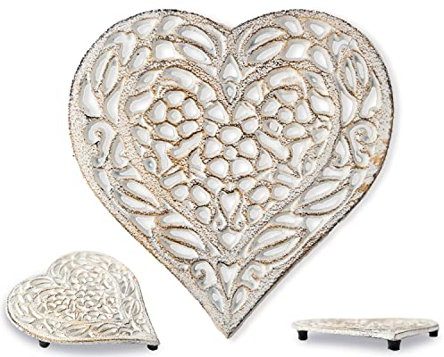 Cast Iron Heart Trivet - Decorative Cast Iron Trivet For Kitchen Or Dining Table - Vintage, Rusted Design - 6.75X6.5 - With Rubber Pegs/Feet - Recycled Metal - White