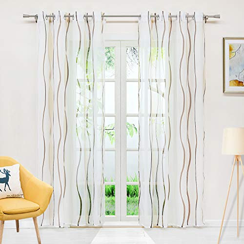 Delien Voile Gardine mit Streifen Design transparenter Vorhang mit Ösen Wohnzimmer Gardinenschals BxH 140x145cm Sand, 1 St.