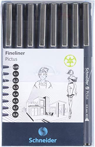 Schneider Pictus Fineliner (8 verschiedene Strichstärken: 0,05 - 0,9 mm, dokumentenechte Pigmetliner, metallgefasste Spitze, Gehäuse aus 85% recyceltem Kunststoff) schwarz, 8er Etui