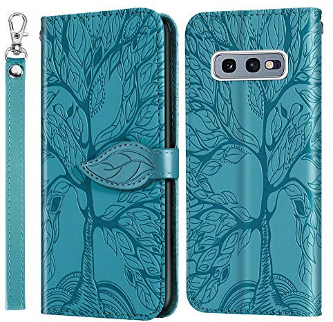 IMEIKONST Handyhülle Kompatibel Mit Samsung Galaxy S10E Hülle, Flip Brieftasche Tasche Premium Leder Handyhülle mit Magnetverschluss Schutzhülle für Galaxy S10E. Tree Blue RXZ