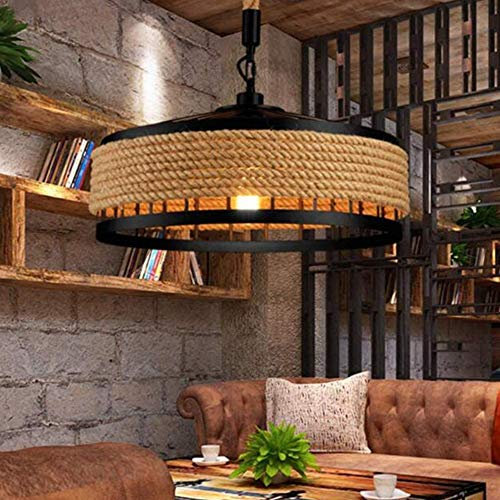 PANNN Lampe Suspendue En Corde De Chanvre Rustique Suspension Cage En Fer Industriel E27 Lampe En Corde Vintage Loft Lustre Lampe De Salon Chambre Cuisine Barres Plafonnier Lumières Rondes