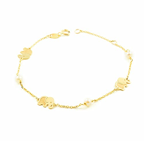 Monde Petit - 9K Gelbgold Damen Mädchen Armband runder 3,5 mm Perle matten glänzenden Elefanten 18 cm - Geschenkbox - Garantiezertifikat