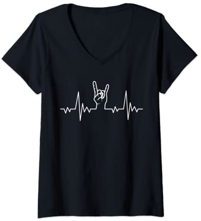 Damen Heavy Metal Herzschlag Pommesgabel T-Shirt mit V-Ausschnitt