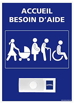 Panneau Accueil Besoin d'Aide + Sonnette Intégrée. Panneau Accueil Assistance. Sonnette Sans Fil. Panneau Accueil SOS - 150 x 210 mm - Plastique PVC 1,5 mm - Plastique PVC 1,5 mm -