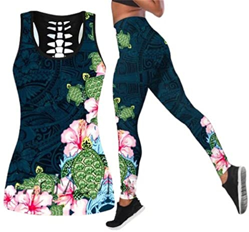 Sea Turtle Flower 3D Printed Hollow Tanktop Frauen Sexy Weste Mädchen Tank Tops Yoga Leggings Sport Set, Tanktops und Leggings, 42