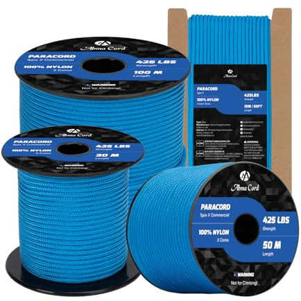 Abma Cord Paracord 3mm 50m 100% Nylon Rope Type II 3 Strands Parachute Cord - Max. 192kg (425lbs) - Blue