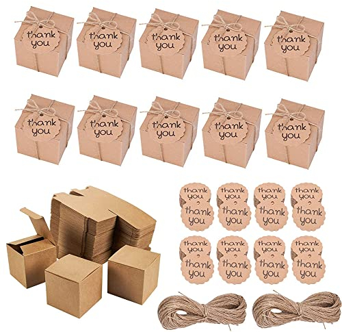Fictezlove 50 Stück Geschenkbox Klein, Geschenkschachtel Klein, Kleine Schachteln, Kleine Schachtel mit Juteseilen und 50 Anhängern, für Geburtstagsfeier, Hochzeit, Hochzeitstag, Dekorationen