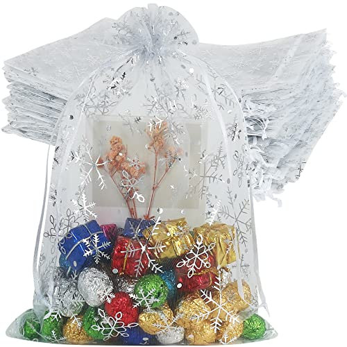 YQL 100 Stück Weiß Organzasäckchen Weihnachten, 20x30cm Schneeflocke Organza Beutel Groß, Säckchen mit Zugband, Geschenksäckchen für Weihnachtsseife, Schmuck, Make-up, Süßigkeiten, Pralinen Geschenk