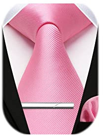 HISDERN Cravatta da Uomo e Fazzoletto da Taschino Set Cravatta Rosa Uomo Classica da Matrimonio Solida con Fazzoletto e Fermacravatta