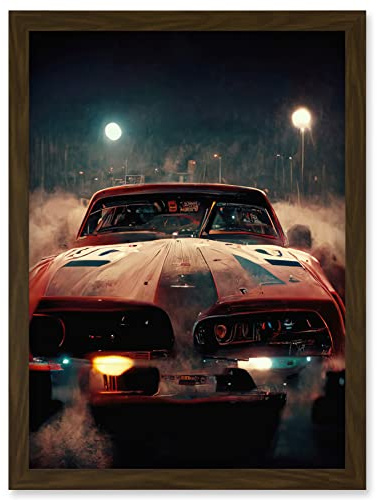 Doppelganger33 LTD Classic Sports Car Muscle Cinematic Night Atmospheric Race In Fog Artwork Framed Wall Art Print A4