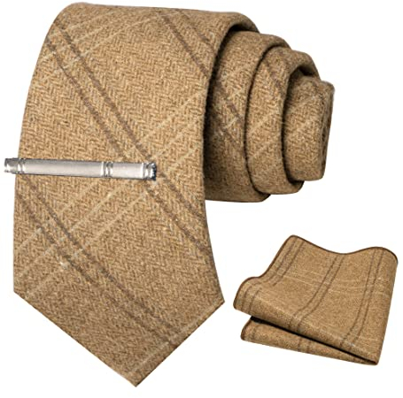 JEMYGINS Retro Wolle Braun schwarz Hellgrün gestreift2 Krawatte und Einstecktuch Krawattenklammer Sets für Herren