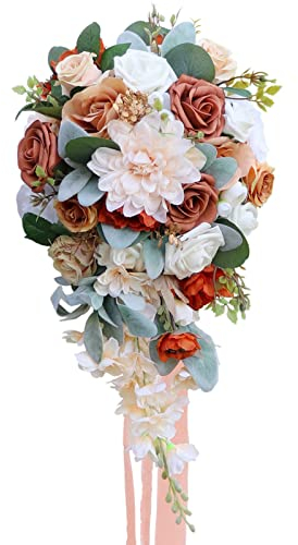 Fouriding Hochzeit Bouquet für Braut, Wasser Tropfen Wasserfall Braut künstliche Blumen Bouquet für Zeremonie Jahrestag Braut Dusche Party Hochzeit Dekoration (Champagner Orange)