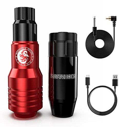 Wormhole Tattoo Gun Wireless Tattoo Machine Coreless Tattoo Pen with 1200mah Battery Tattoo Power Supply Wireless Rotary with RCA Tattoo Cord, Type-C Cable(Red)