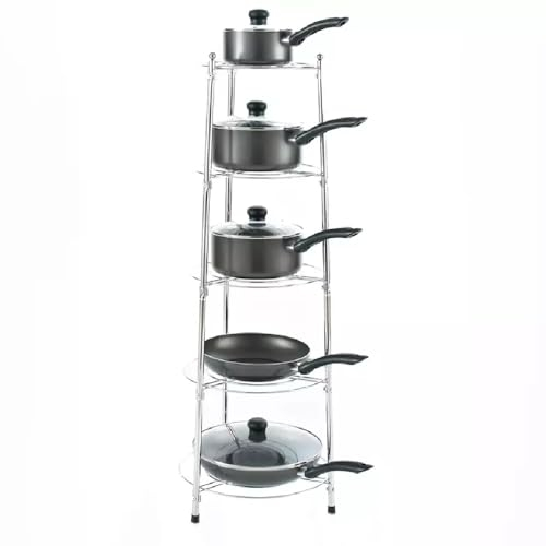 5 Tier Chrome Pan Stand Stainless Steel Pot Organiser Multi Functional Free Standing Saucepan Stand Pan Lid Organizer For Home Kitchen Office