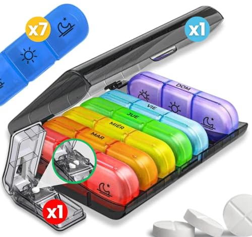 TORMENTUM 22® Pack Pastillero Semanal 3 Tomas y Cortador De Pastillas - Pastillero Semanal - Triturador De Pastillas - Pastillero Diario 7 Dias En Español - Pastillero Pequeño