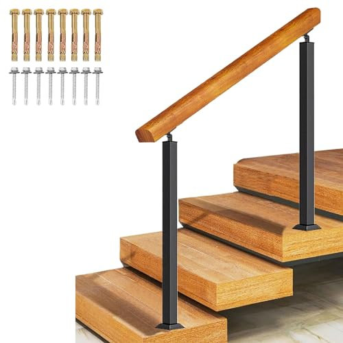 Corrimano Esterno per Gradini Esterni Ringhiera per Scale Interne a 3 Gradini in Legno Massello + Ringhiera in Ferro Battuto in Metallo per Portico/Gradini in Cemento/Legno Adatto per 1 2 3 Gradini (