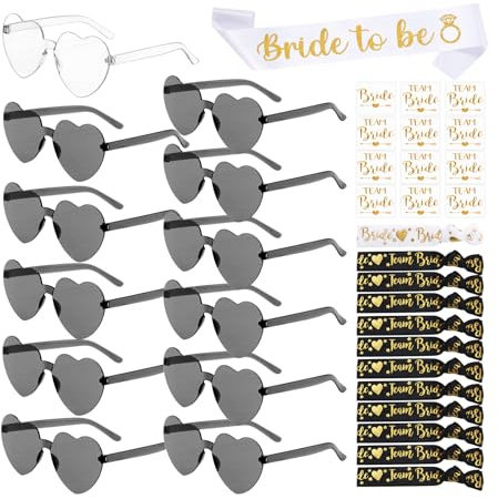 YSUVIN JGA Accessoires Frauen, 37 Stück Junggesellenabschied Frauen mit 1 Bride to be Schärpe, 12 Herz Sonnenbrille, 12 Bride Tattoo Aufkleber, 12Bride Armband, Schwarz