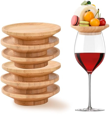 6 Stück Weinglas Aufsatz, Charcuterie Brett Topper, verhindert das Spritzen von Rotwein, Bambus Weinglas Topper, Untersetzer für Vorspeisenteller und Desserts
