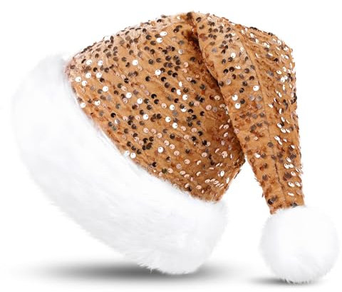 KONVINIT Weihnachtsmütze Erwachsene Nikolausmütze Weihnachtsmann Mütze Santa Claus Mütze mit Glitzer Pailletten und Plüsch Rand für Festliche Weihnachtsfeier Tannenbaum,Champagner gold
