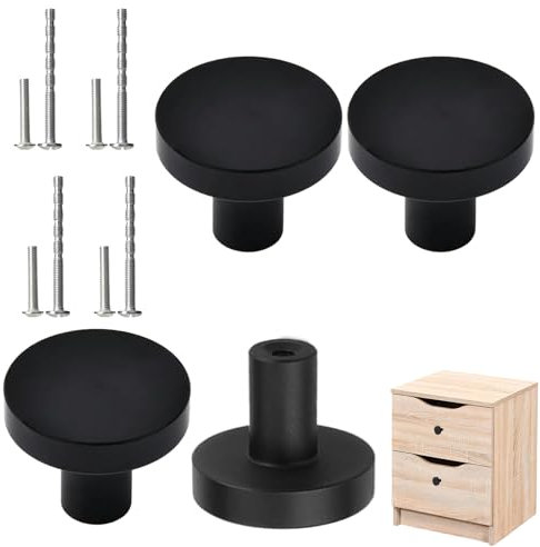 4PCS Black Drawer Knobs - Matte Round Flat Black Aluminium Handles for Chest of Drawers, Cupboard, Dresser, Wardrobe