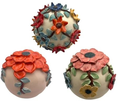 Gall&Zick Keramik Gartenkugeln mit Blumenverzierung, Set von 3 Stück