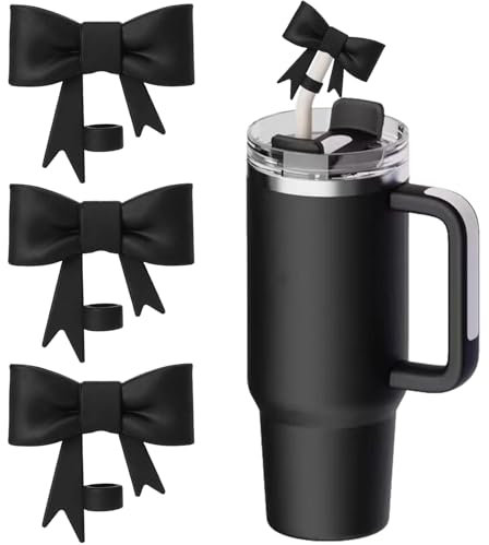 3 Pcs Black Bow Straw Covers Cap Toppers Compatible with Stanley 30&40 oz Tumbler Cups, 10mm Reusable Silicone Straw Toppers for Stanley Cups Straw Accessories(Black)