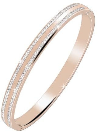 JJDreams 6 mm/0.23in width Stainless Steel Bangle With Rhinestone For Women,Cubic Zirconia Classic Tennis Bangle,Shiny Crystal Dainty Bangle,Rose Gold