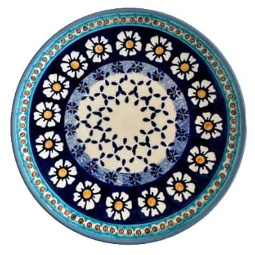 Bunzlauer Keramik Frühstücksteller Ø19,5 cm – Handbemaltes Design 'Kamille' in Blau und Grün, robust und traditionell aus Schlesien (Blau)