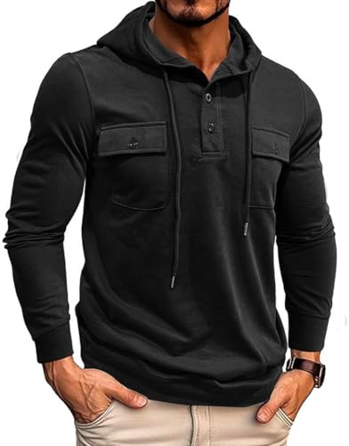 RQPYQF Sudaderas con Capucha para Hombre Camiseta de Manga Larga Camisa con Capucha Botón Deportivas Camiseta Camisa CS43