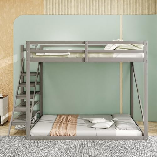 REXO Letto a soppalco 140 x 200 cm, con scala di sicurezza, letto a castello in legno massello con rete a doghe, adatto per bambini, ragazzi e adulti (grigio)