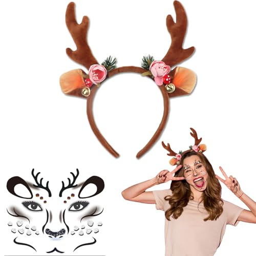 KEELYY Reh Haarreif Damen Mädchen, Haarreif Rentier Geweih Hörner + Reh Gesichtstattoo, Karneval Kostüm Reh kostüm Kopfschmuck Haarreifen für Karneval Weihnachten Fasching Mottoparty Cosplay Halloween