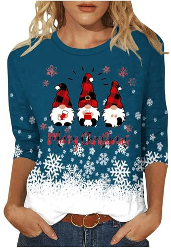 Christmas T Shirts Women Light Up Christmas Tree Printed Tops Sparkly Wine Glass Xmas Shirts Crewneck Blouse Casual Pullover 3/4 Sleeve Tunic Tees for Work Officce Size 8-22