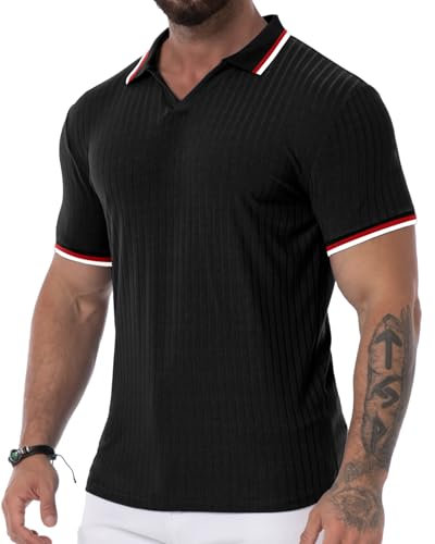Askdeer Men's Muscle Polo Shirts V Neck Slim Fit Ribbed T Shirts Short/Long Sleeve Golf Collar Shirt Knit Casual Tee, A01 Black Red White, S