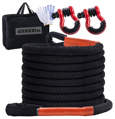 CHANGEMOORE Kinetic Recovery Rope Kit, 1'' x 30' Tow Rope(48000lbs) + 2Pcs D Ring Shackles 3/4 inch(41000lbs) + 1Pc Storage Bag, 20% Stretch Rate Recovery Strap, Recovery Kit for UTV, ATV, Truck, Car