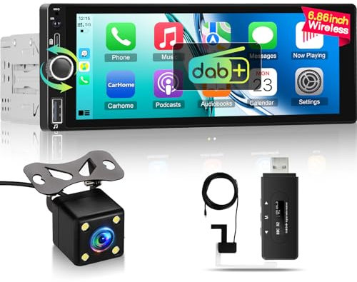 NHOPEEW 1 Din DAB Radio mit Drahtlos Carplay und Android Auto - 6,86 Zoll Touchscreen Radio Unterstützung Mirror Link Lenkradsteuerung FM RDS EQ + Rückfahrkamera