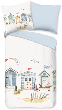 Traumschlaf Renforcé Bettwäsche Strandhäuser – weiche Baumwollbettwäsche im maritimen Design – atmungsaktiv, hautfreundlich & mit Reißverschluss – 155x220 cm + 80x80 cm