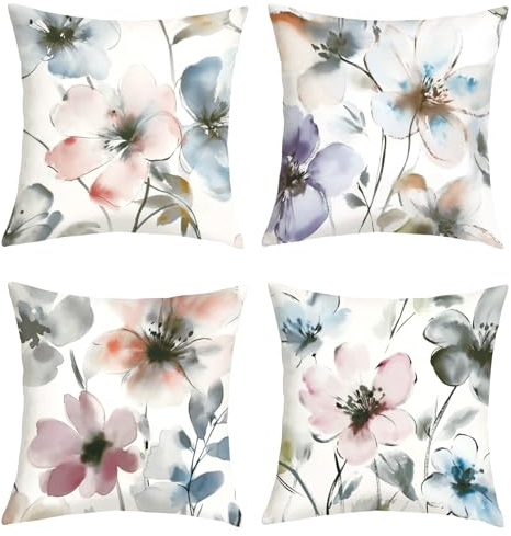 Joymaison Kissenbezüge 50x50 4er Set Moderne Abstrakt Blume Aquarellmalerei | Deko Kissenhülle Frühling Sommer Bauernhaus Blume Muster für Geschenk Dekorative Kissenbezug Kissen für Couch Sofa