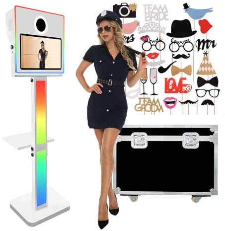 DSLR Selfie Photobooth Maschine, All in One Tragbare Photo Booth, Portable Fotobox, 15,6 Zoll Touchscreen, eingebauter Mini-PC, Für Hochzeit Party(Weiß, Fotokabine)