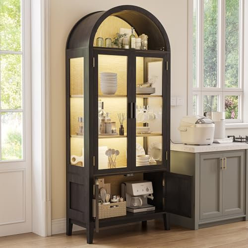 BROTTAR Arched Kitchen Pantry Cupboard with Glass Doors, 71 Tall Kitchen Storage Cabinet with 3 Color Lights & Human Body Sensor, Glass Display Cabintes for Dining Room, Living Room Office, Black